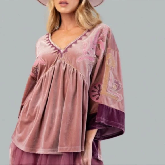 NEW EMBO DETAILING VELVET BABYDOLL BOHO RELAXED SILHOUETTE BLOUSE - Picture 2 of 7
